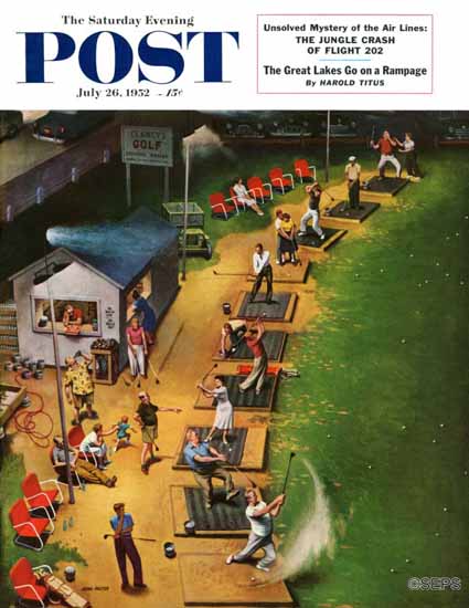 John Falter Saturday Evening Post Golf Driving Range 1952_07_26 | The Saturday Evening Post Graphic Art Covers 1931-1969