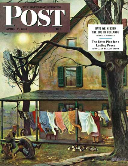 John Falter Saturday Evening Post Hanging Clothes Out to Dry 1945_04_07 | The Saturday Evening Post Graphic Art Covers 1931-1969