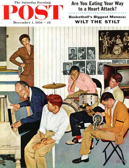 John Falter Saturday Evening Post Jamming with Dad 1956_12_01 | The Saturday Evening Post Graphic Art Covers 1931-1969