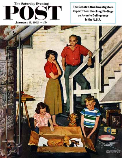 John Falter Saturday Evening Post Kittens in the Basement 1955_01_08 | The Saturday Evening Post Graphic Art Covers 1931-1969