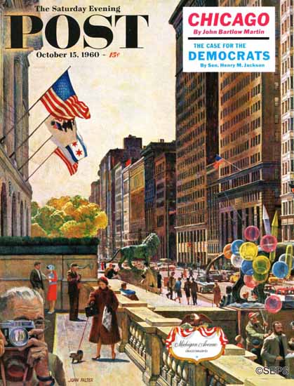 John Falter Saturday Evening Post Michigan Avenue Chicago 1960_10_15 | The Saturday Evening Post Graphic Art Covers 1931-1969