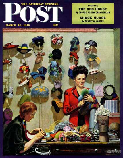 John Falter Saturday Evening Post Millinery Shop 1945_03_10 | The Saturday Evening Post Graphic Art Covers 1931-1969