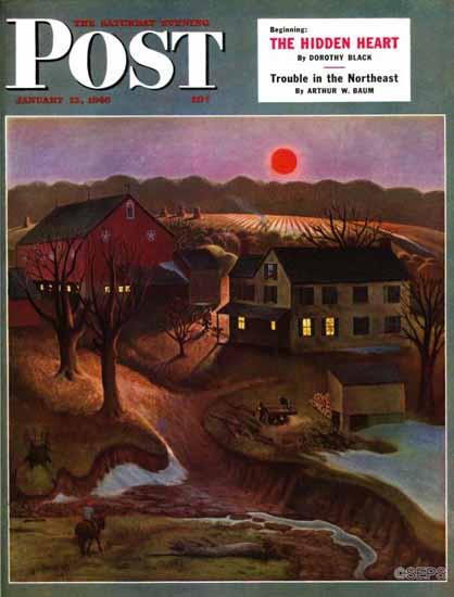 John Falter Saturday Evening Post Nighttime Farm Landscape 1946_01_12 | The Saturday Evening Post Graphic Art Covers 1931-1969