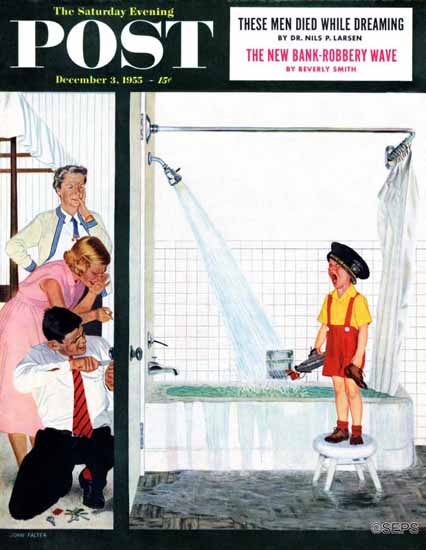 John Falter Saturday Evening Post Overflowing Tub 1955_12_03 | The Saturday Evening Post Graphic Art Covers 1931-1969