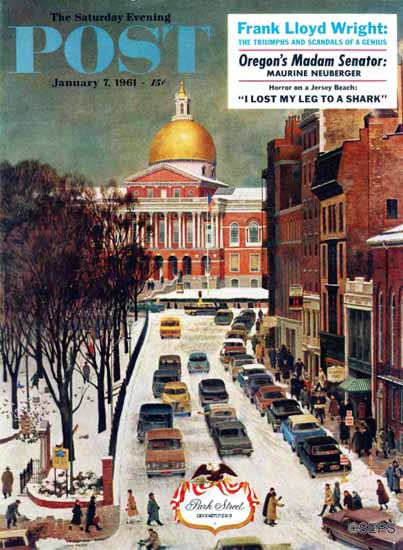 John Falter Saturday Evening Post Park Street Boston 1961_01_07 | The Saturday Evening Post Graphic Art Covers 1931-1969