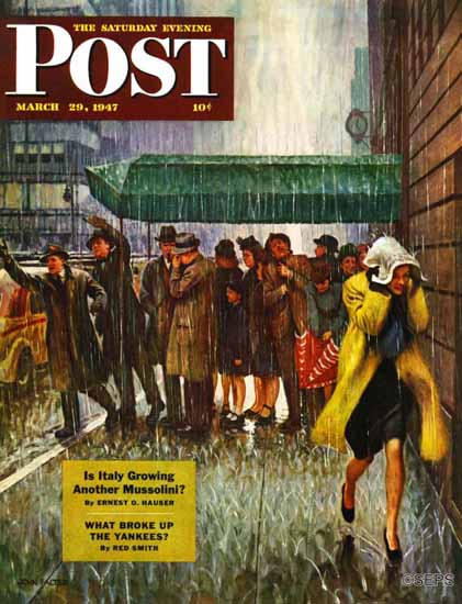 John Falter Saturday Evening Post Rainy Wait for a Cab 1947_03_29 | The Saturday Evening Post Graphic Art Covers 1931-1969