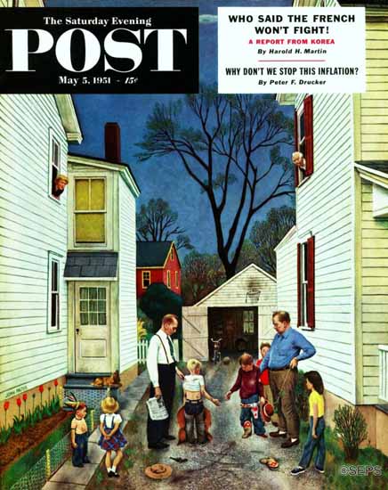 John Falter Saturday Evening Post Shaking Hands after Fight 1951_05_05 | The Saturday Evening Post Graphic Art Covers 1931-1969