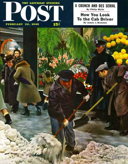 John Falter Saturday Evening Post Shoveling Sidewalk 1948_02_28 | The Saturday Evening Post Graphic Art Covers 1931-1969