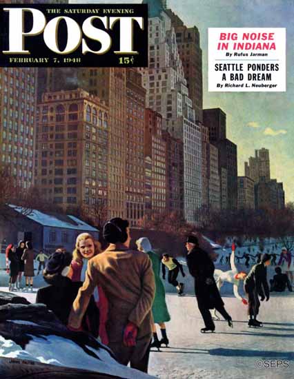 John Falter Saturday Evening Post Skaters in Central Park 1948_02_07 | The Saturday Evening Post Graphic Art Covers 1931-1969