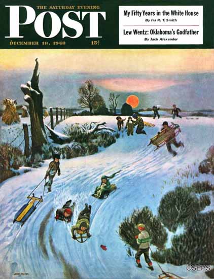 John Falter Saturday Evening Post Sledding By Sunset 1948_12_18 | The Saturday Evening Post Graphic Art Covers 1931-1969