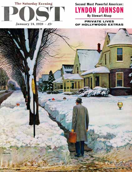 John Falter Saturday Evening Post Snowy Ambush 1959_01_24 | The Saturday Evening Post Graphic Art Covers 1931-1969