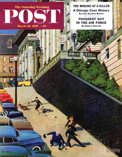 John Falter Saturday Evening Post Spilled Purse on Steep Hill 1955_03_26 | The Saturday Evening Post Graphic Art Covers 1931-1969