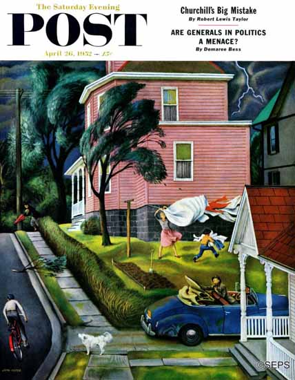 John Falter Saturday Evening Post Spring Storm Blowing In 1952_04_26 | The Saturday Evening Post Graphic Art Covers 1931-1969