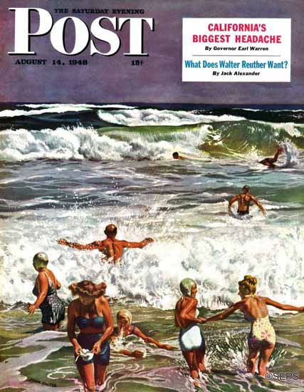 John Falter Saturday Evening Post Surf Swimming 1948_08_14 | The Saturday Evening Post Graphic Art Covers 1931-1969