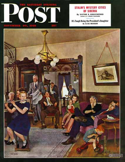 John Falter Saturday Evening Post Thanksgiving Flute Perform 1946_11_30 | The Saturday Evening Post Graphic Art Covers 1931-1969