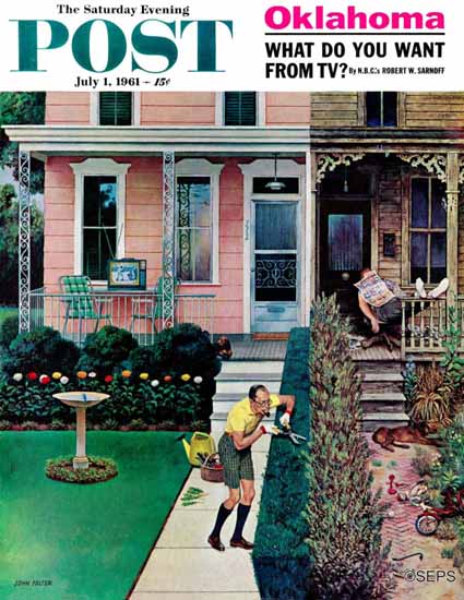 John Falter Saturday Evening Post Tidy and Sloppy Neighbors 1961_07_01 | The Saturday Evening Post Graphic Art Covers 1931-1969