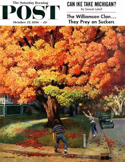 John Falter Saturday Evening Post Tossing the Football 1956_10_27 | The Saturday Evening Post Graphic Art Covers 1931-1969