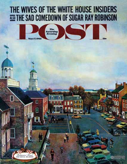 John Falter Saturday Evening Post Town Square New Castle 1962_03_17 | The Saturday Evening Post Graphic Art Covers 1931-1969