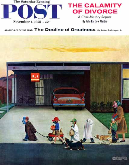 John Falter Saturday Evening Post Trick-Or-Treating in Burbs 1958_11_01 | The Saturday Evening Post Graphic Art Covers 1931-1969