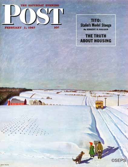 John Falter Saturday Evening Post Waiting School Bus Snow 1947_02_01 | The Saturday Evening Post Graphic Art Covers 1931-1969