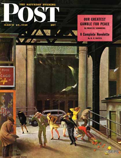 John Falter Saturday Evening Post Windy City 1946_03_23 | The Saturday Evening Post Graphic Art Covers 1931-1969