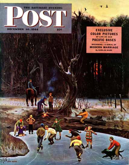 John Falter The Saturday Evening Post Night Skating 1944_12_16 | The Saturday Evening Post Graphic Art Covers 1931-1969