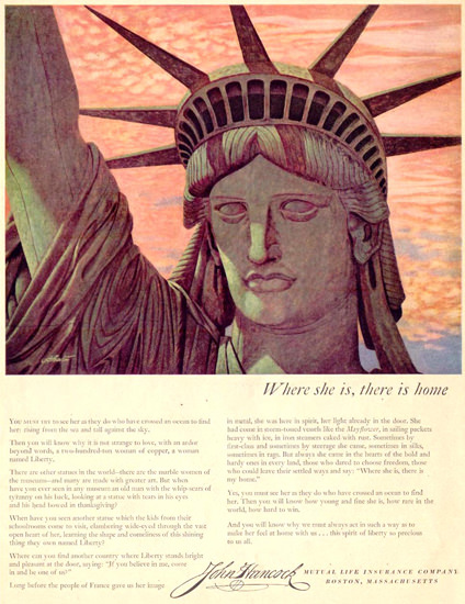 John Hancock Statue Liberty Life Insurance 1951 | Vintage Ad and Cover Art 1891-1970