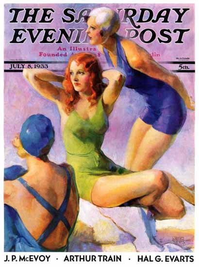 John La Gatta Saturday Evening Post Three Bathing Beauties 1933_07_08 | The Saturday Evening Post Graphic Art Covers 1931-1969