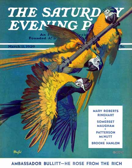 Julius Moessel Saturday Evening Post Three Parrots 1939_03_11 | The Saturday Evening Post Graphic Art Covers 1931-1969