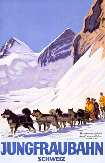 Jungfraubahn Schweiz Emil Cardinaux Sledge Dogs | Vintage Travel Posters 1891-1970