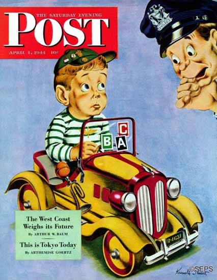 Ken Stuart Saturday Evening Post Kiddie Car with Stickers 1944_04_01 | The Saturday Evening Post Graphic Art Covers 1931-1969