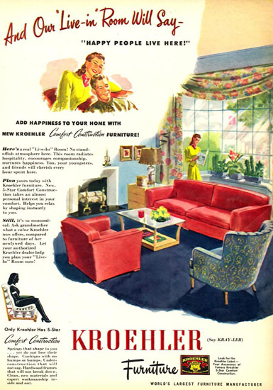 Kroehler Furniture Living Room 1945 | Vintage Ad and Cover Art 1891-1970