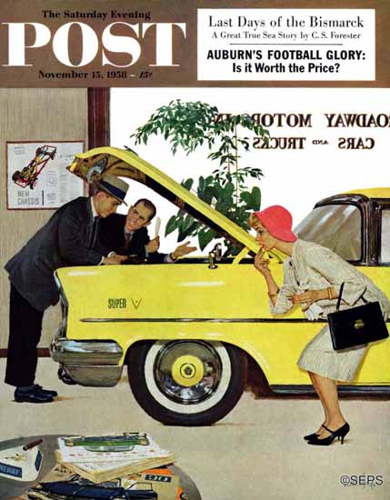 Kurt Ard Saturday Evening Post Checking it Out 1958_11_15 | The Saturday Evening Post Graphic Art Covers 1931-1969