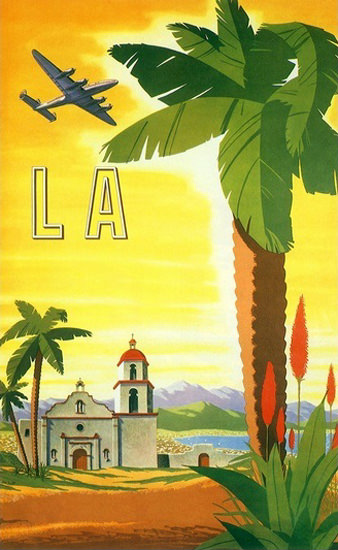 LA Los Angeles Mission Palmtree Airplane Sea | Vintage Travel Posters 1891-1970