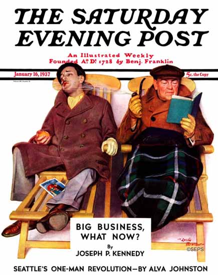 Leslie Thrasher Saturday Evening Post Two Men in Deck Chairs 1937_01_16 | The Saturday Evening Post Graphic Art Covers 1931-1969