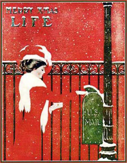 Life Magazine Copyright 1909 Girl In Red Merry XMas Mail | Vintage Ad and Cover Art 1891-1970