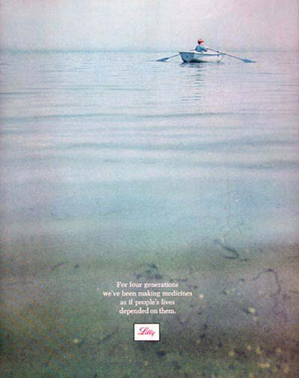 Lilly Pharmaceutical 1969 Rowboat On Lake Boy | Vintage Ad and Cover Art 1891-1970