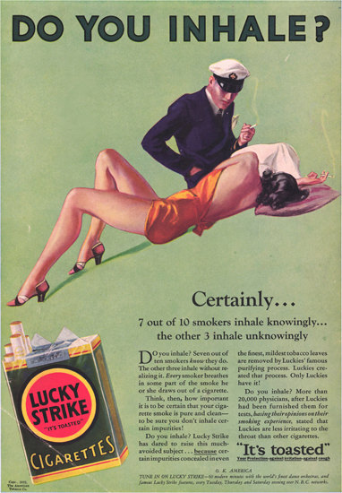 Lucky Strike Cigarettes Do You Inhale Certainly | Sex Appeal Vintage Ads and Covers 1891-1970