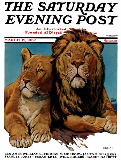 Lynn Bogue Hunt Saturday Evening Post Lion Couple 1932_03_19 | The Saturday Evening Post Graphic Art Covers 1931-1969