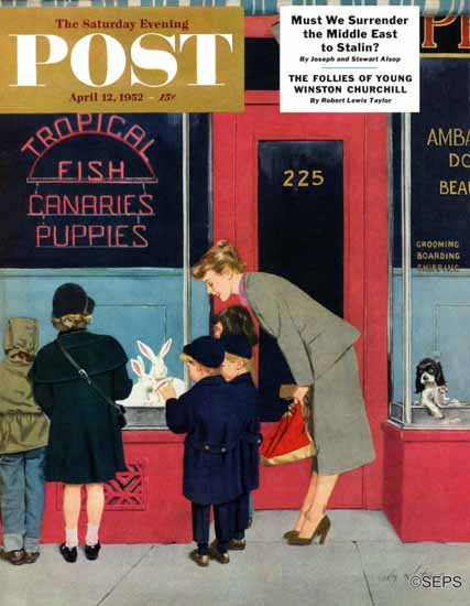 M Coburn Whitmore Saturday Evening Post Bunnies for Sale 1952_04_12 | The Saturday Evening Post Graphic Art Covers 1931-1969