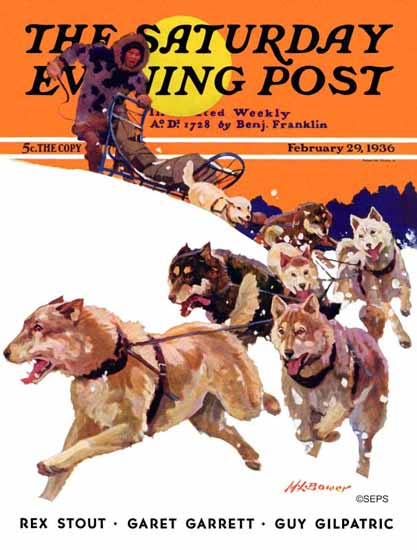 Maurice Bower Saturday Evening Post Eskimo and Dog Sled 1936_02_29 | The Saturday Evening Post Graphic Art Covers 1931-1969