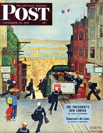 Mead Schaeffer Saturday Evening Post Cable Car 1945_09_29 | The Saturday Evening Post Graphic Art Covers 1931-1969