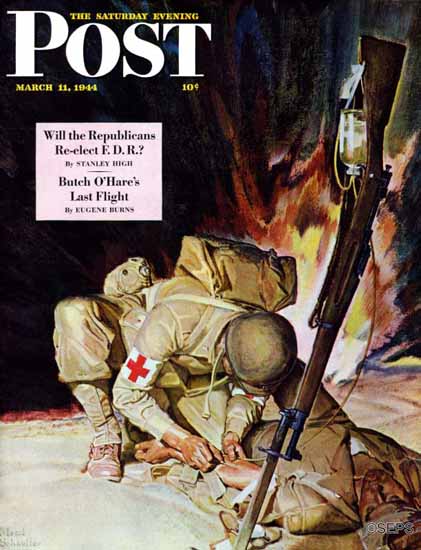 Mead Schaeffer Saturday Evening Post Medic Treating in Field 1944_03_11 | The Saturday Evening Post Graphic Art Covers 1931-1969