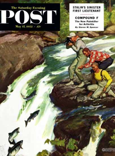 Mead Schaeffer Saturday Evening Post Salmon Upstream 1952_05_17 | The Saturday Evening Post Graphic Art Covers 1931-1969