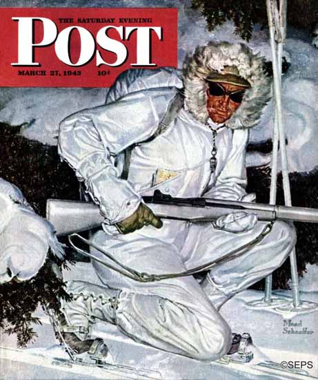 Mead Schaeffer Saturday Evening Post Ski Patrol Soldier 1943_03_27 | The Saturday Evening Post Graphic Art Covers 1931-1969