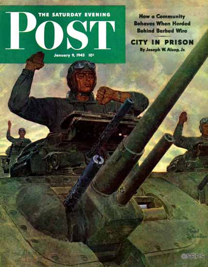 Mead Schaeffer Saturday Evening Post Tank Attack 1943_01_09 | The Saturday Evening Post Graphic Art Covers 1931-1969