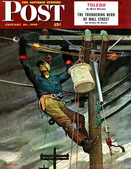 Mead Schaeffer Saturday Evening Post Telephone Lineman 1948_01_10 | The Saturday Evening Post Graphic Art Covers 1931-1969