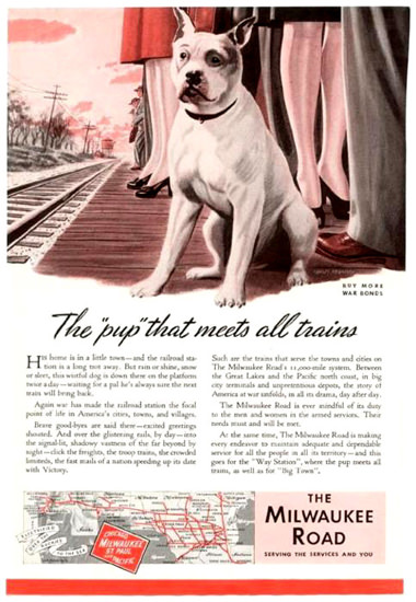 Milwaukee Road Pup That Meets All Trains 1943 | Vintage Travel Posters 1891-1970