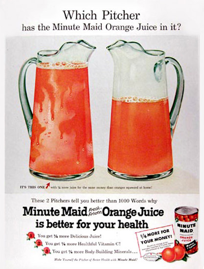 Minute Maid Orange Juice 1956 Which Pitcher | Vintage Ad and Cover Art 1891-1970