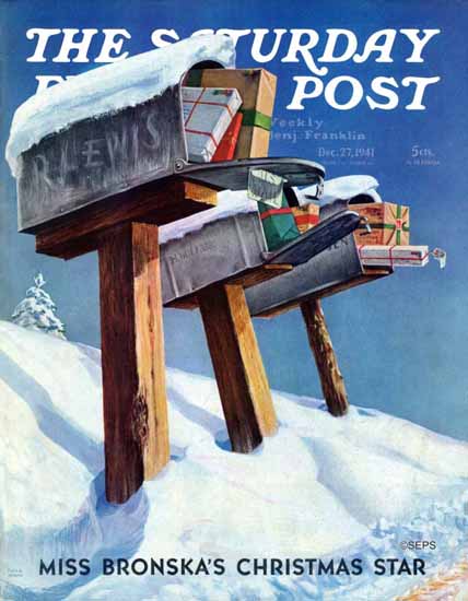 Miriam Tana Hoban Saturday Evening Post Mailboxes in Snow 1941_12_27 | The Saturday Evening Post Graphic Art Covers 1931-1969